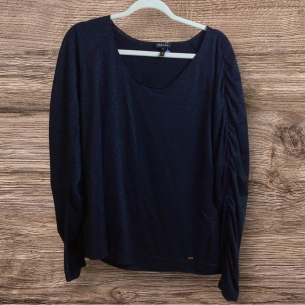 Escada black puff sleeve semi sheer metallic blouse. XL.
